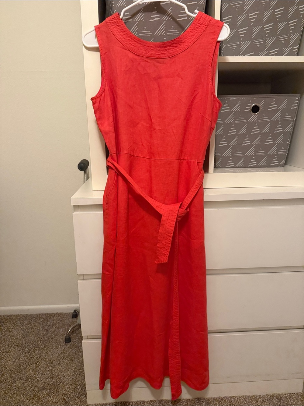 Sleeveless Coral-Red Maxi Dress with Self Tie Waist